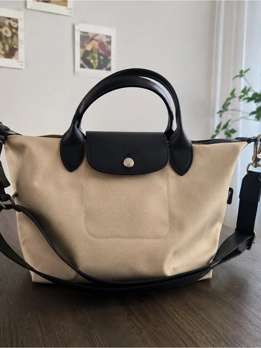 Black & Beige Canvas Tote Bag with Top Handles